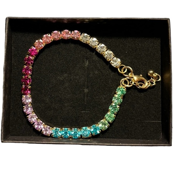 NEW Gold Tone Multi Colored Stone Tennis Bracelet 8" Blue Pink Green - Picture 7 of 9